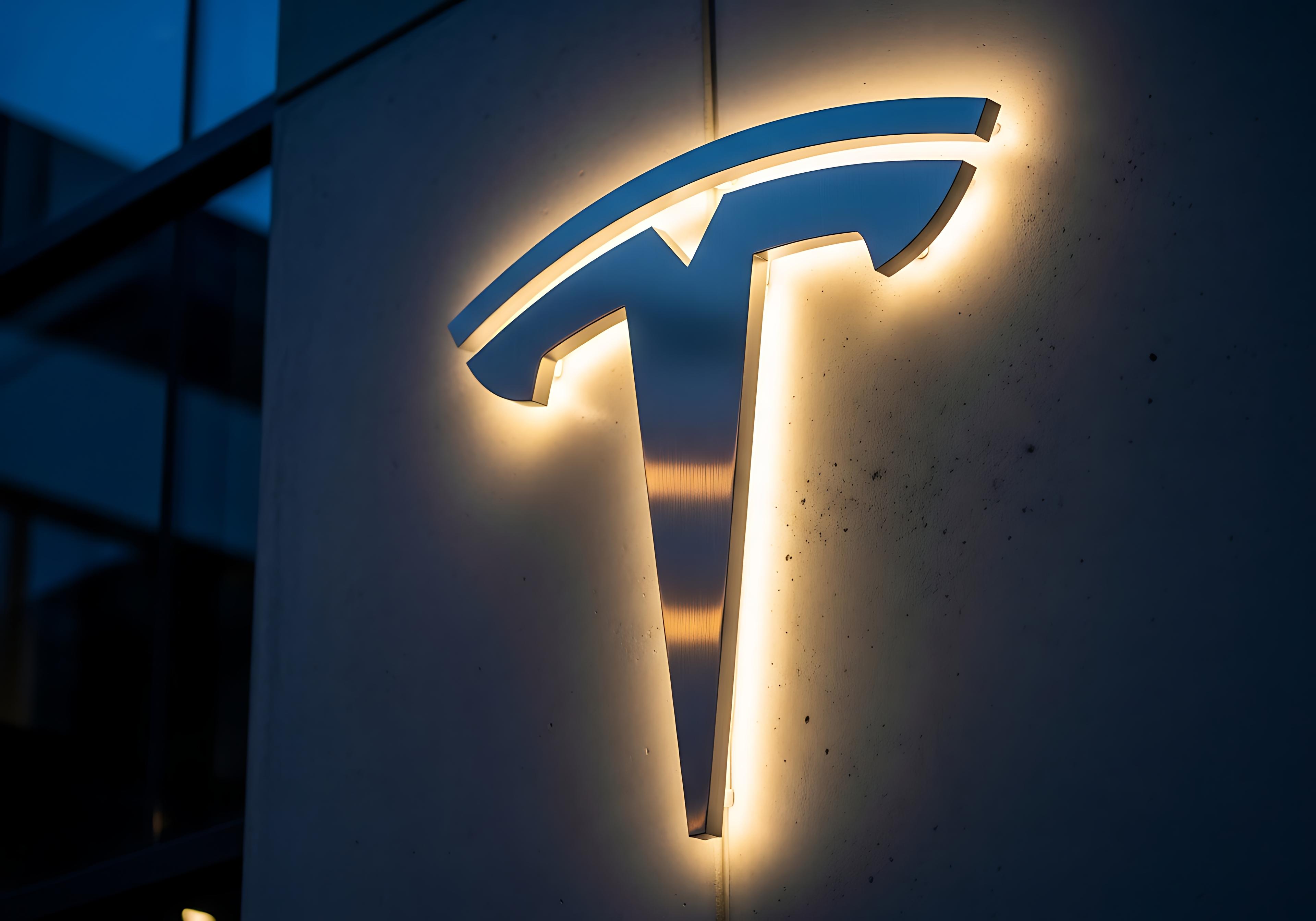 Tesla logo on the side of a dealership