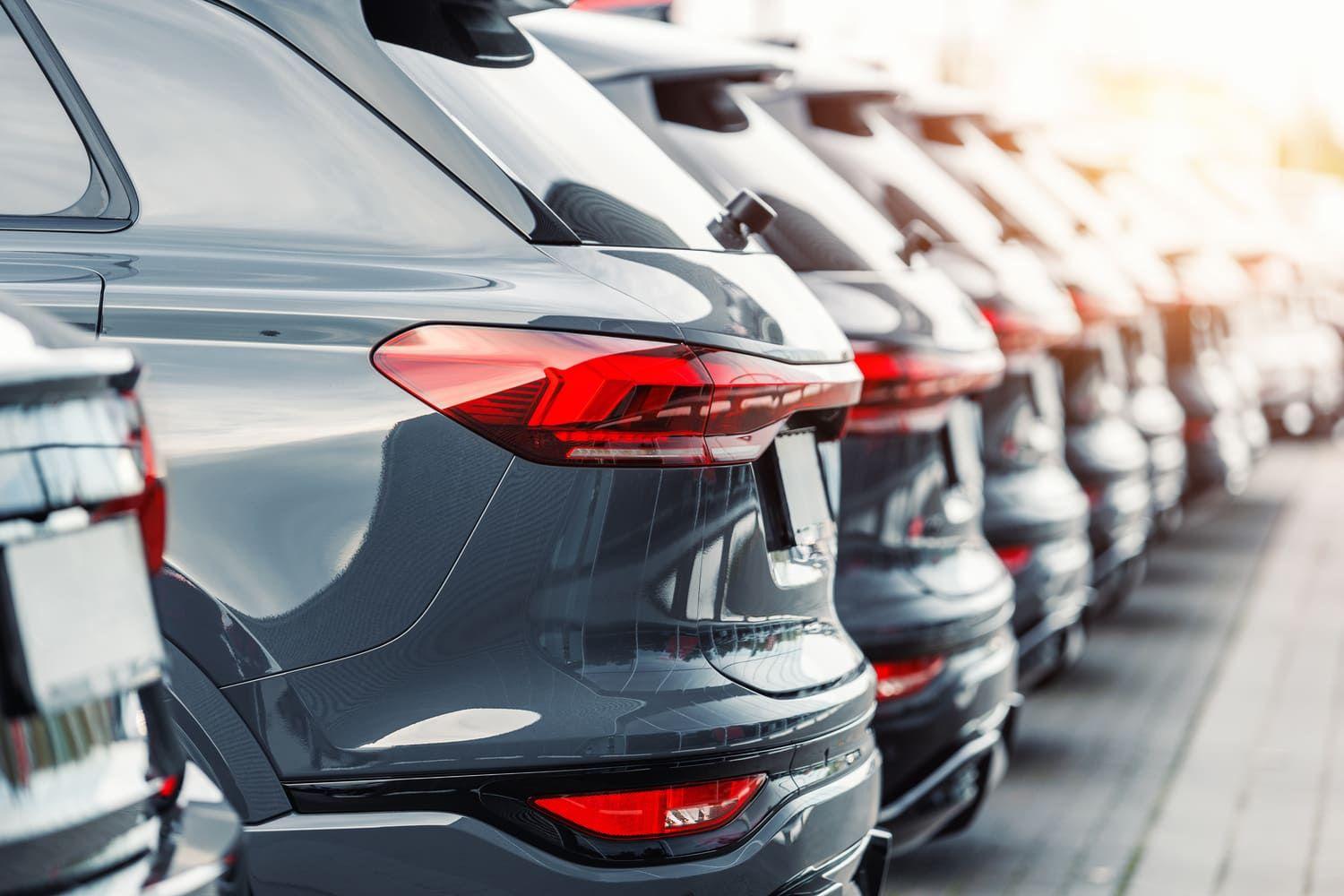 Cars lined up in a dealership