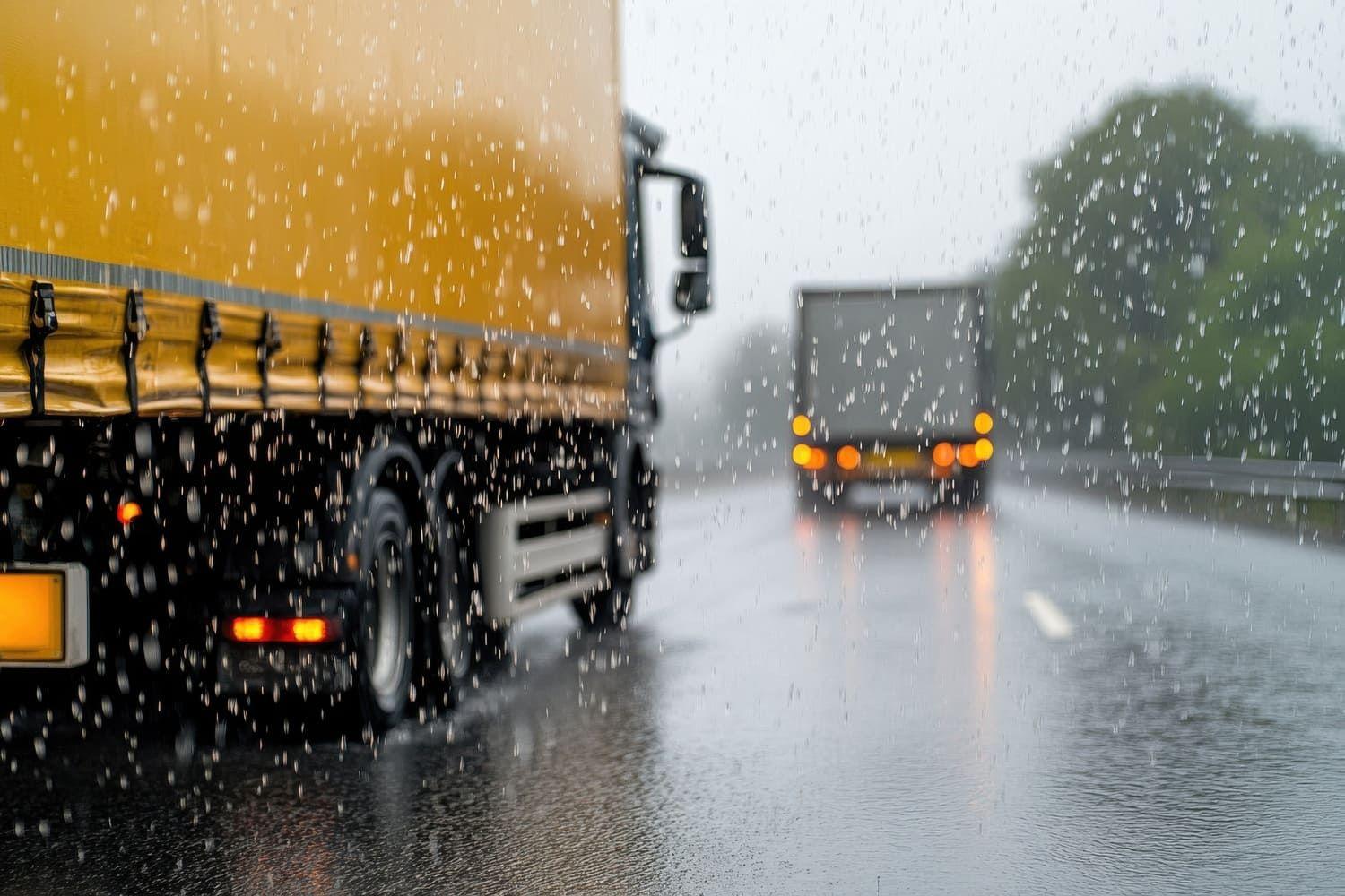 Lorries driving in the rain