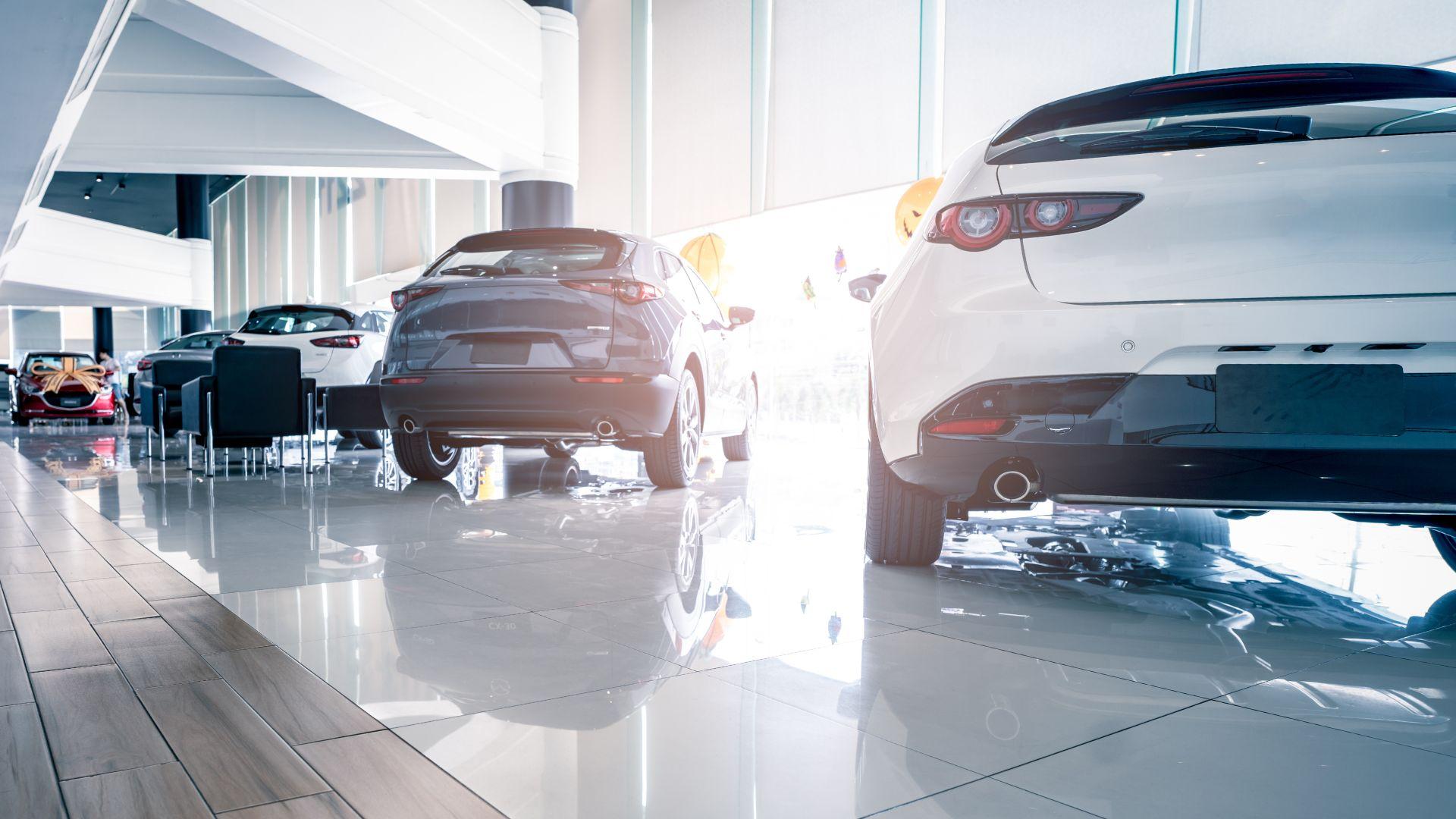 low-frame-of-lined-up-cars-in-exhibition-room-at-dealership A bright car showroom with several modern cars parked inside, featuring glossy tiled floors and large windows letting in natural light.