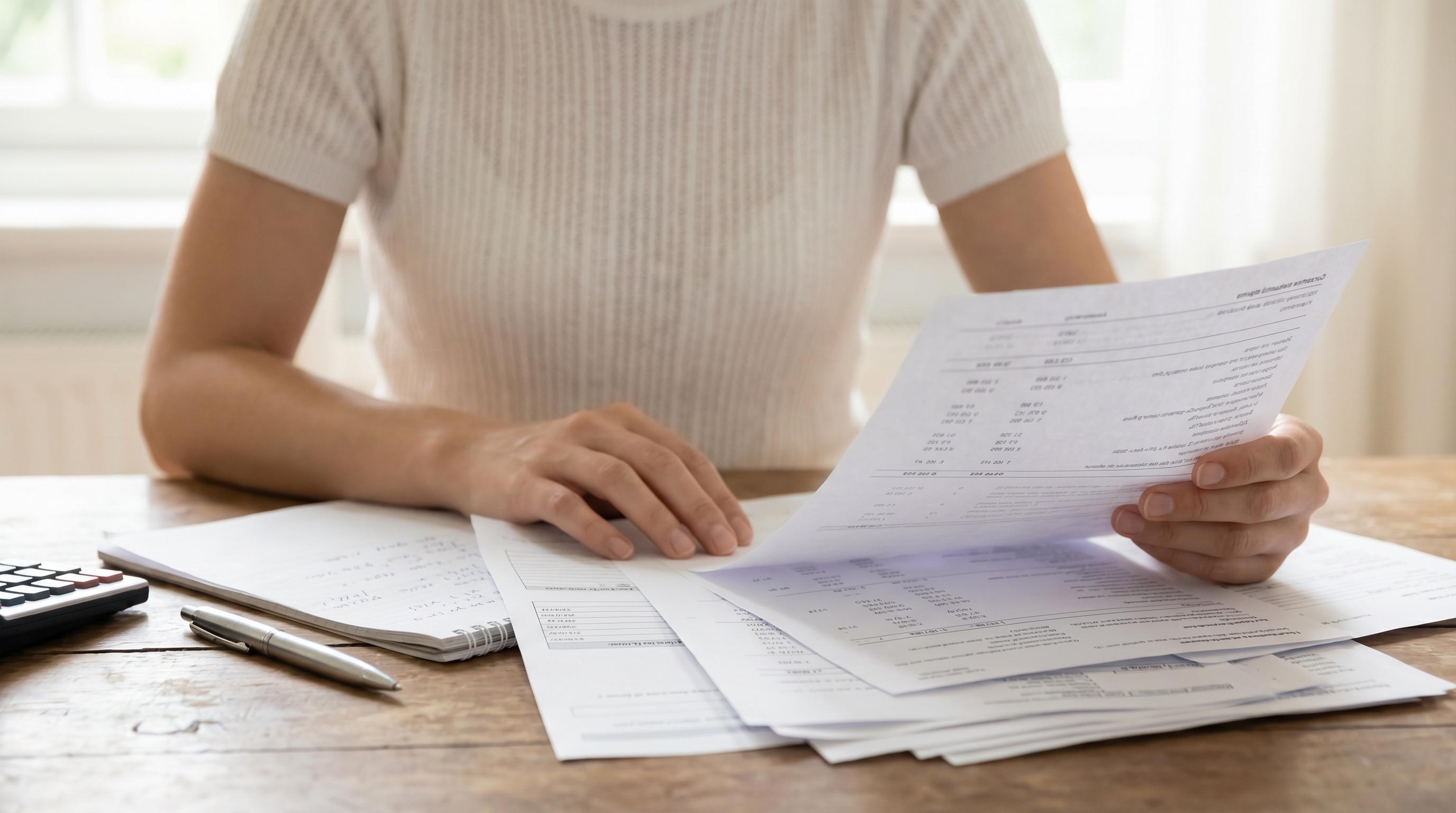 A person in a white shirt reviews documents at a wooden table, with a pen and calculator nearby.
