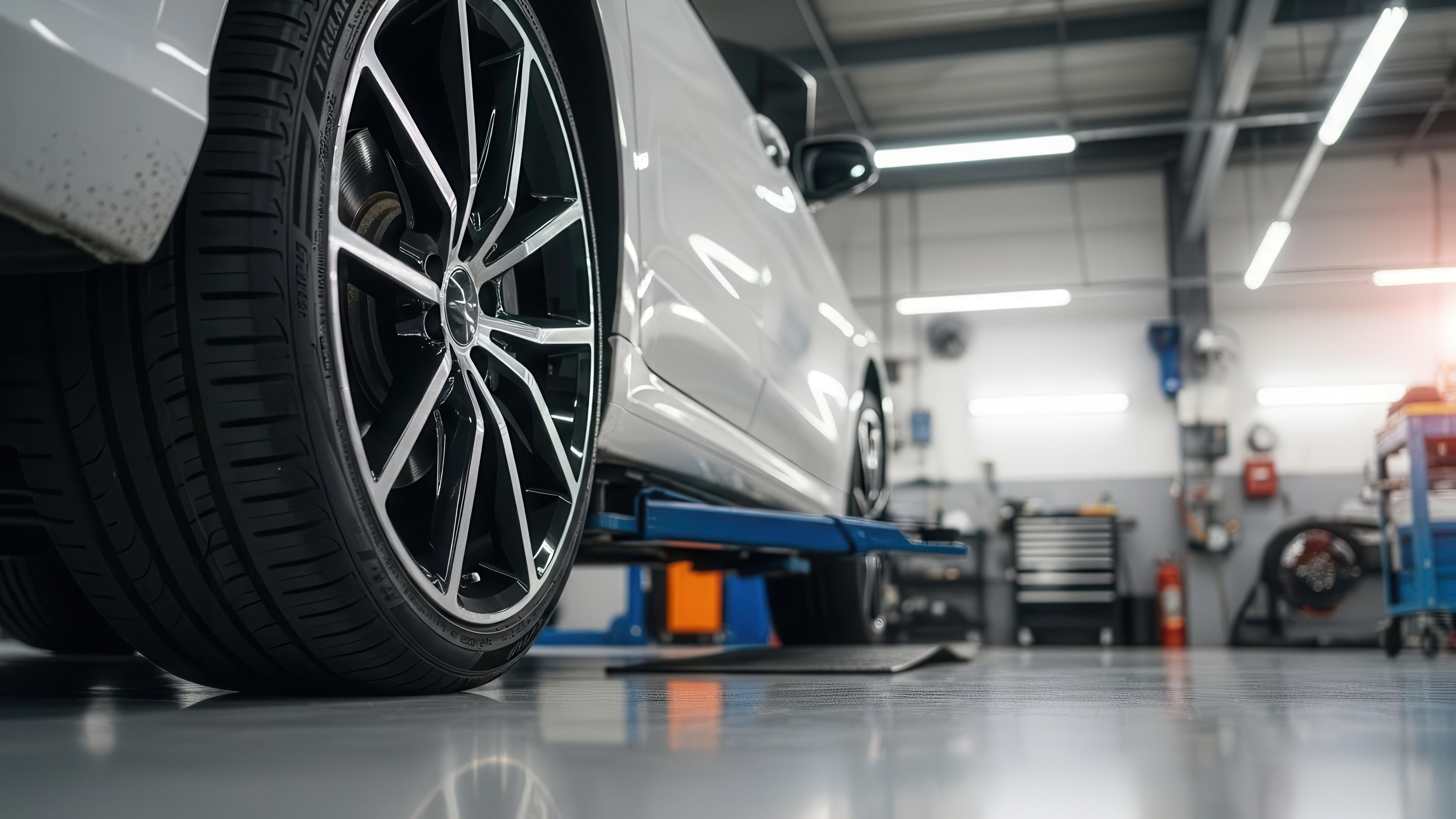 Close-up of a car's rear wheel on a lift in a well-lit auto workshop, highlighting the tire and alloy rim design.