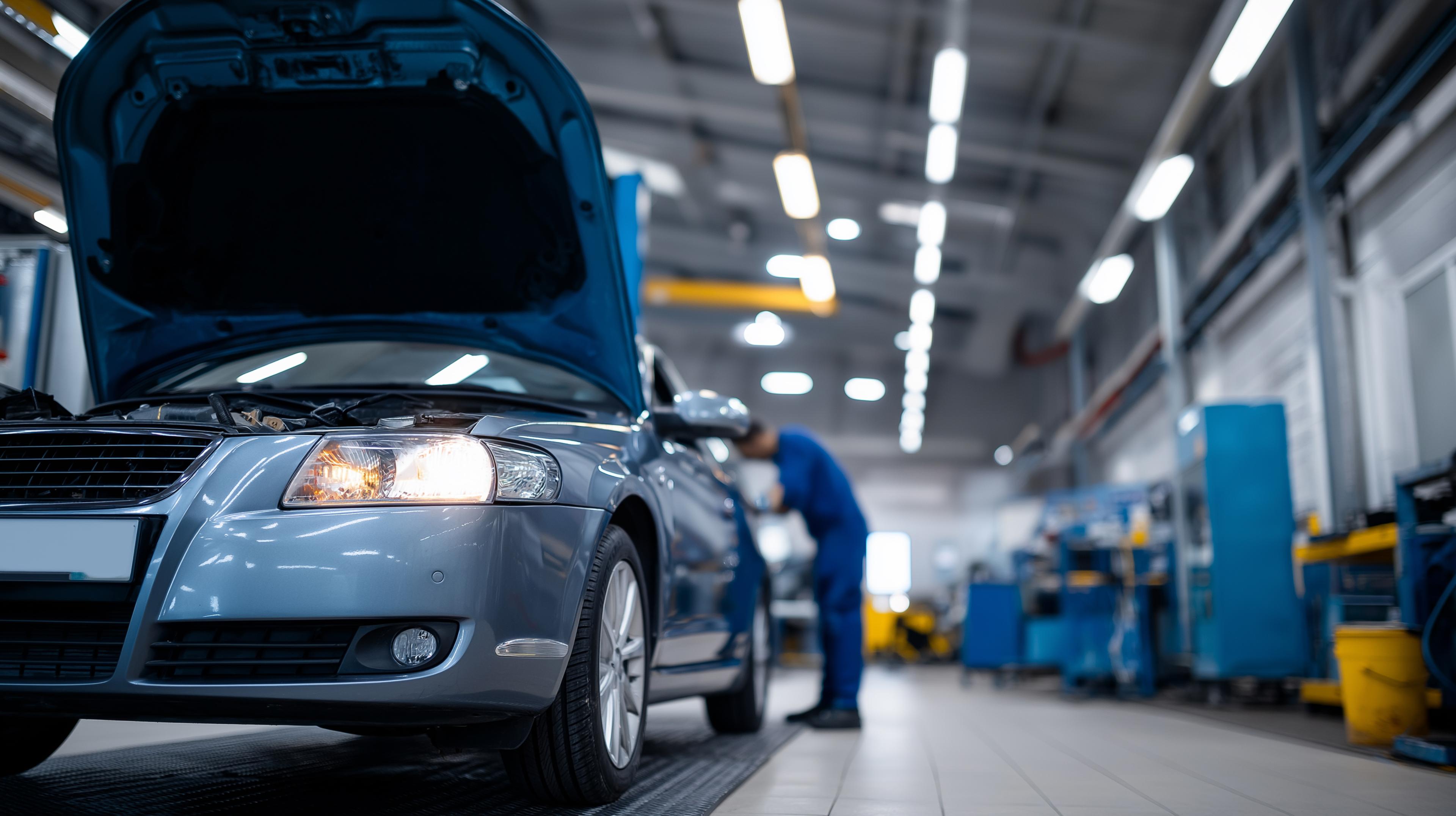 light-blue-car-front-close-up-in-workshop A silver car with an open hood in a well-lit automotive workshop, a mechanic inspecting the vehicle in the background.