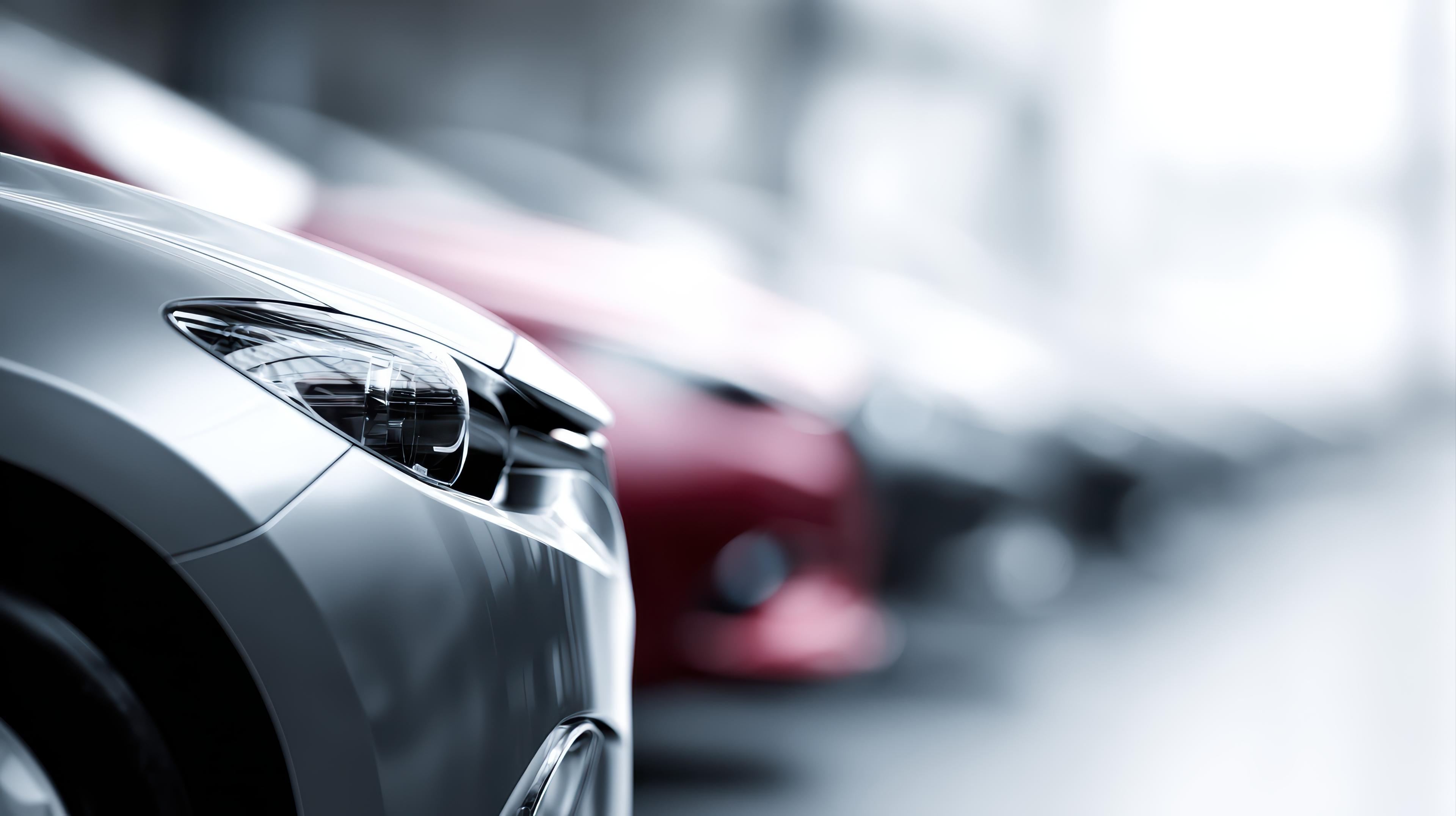 Close-up of a gray car's front headlight, with several blurred cars in the background, emphasizing a sleek and modern design.