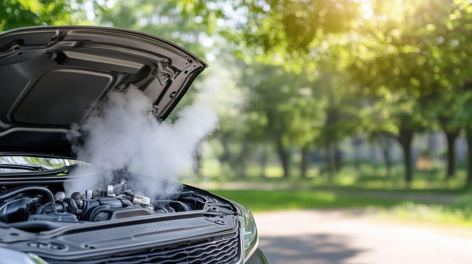 Smoke coming from an engine of a car parked next to trees